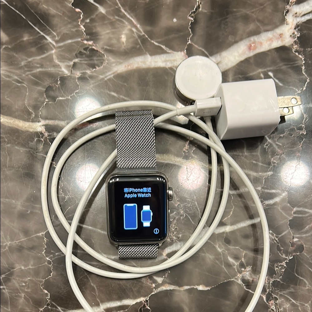 Apple Stainless steel 38mm series 2 Watch with charging cable.